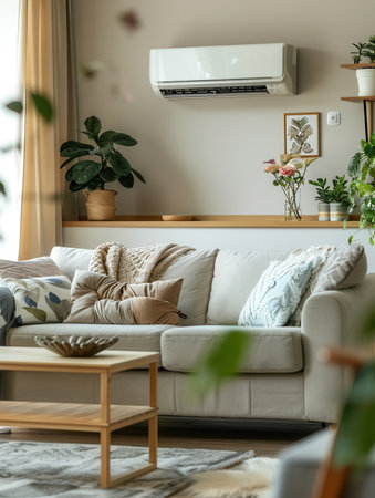 A modern living room features a comfortable sofa adorned with decorative pillows, enhanced by a mounted air conditioner and lush plants.の素材