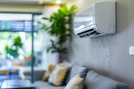 A contemporary living room showcasing comfortable seating, vibrant plants, and an air conditioner mounted on the wall, illuminated by natural light.の素材