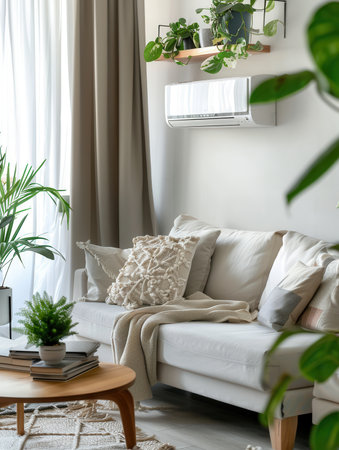 A modern living room showcases a stylish sofa, decorative plants, and an air conditioner mounted on the wall, creating a comfortable and inviting atmosphere.の素材
