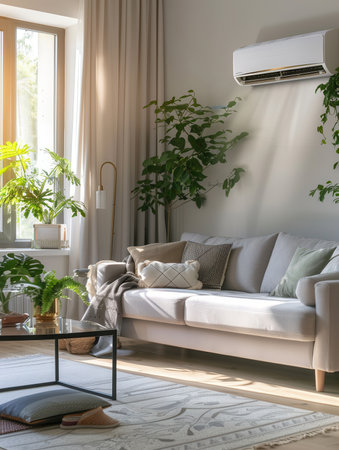 A bright living room showcases a stylish sofa, air conditioner, and vibrant plants, creating a refreshing and cozy atmosphere filled with natural light.の素材
