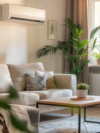 A contemporary living room decorated with neutral tones, featuring a wall-mounted air conditioner and a cozy seating area adorned with plants.の素材