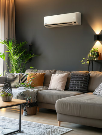 A modern living room showcases a mounted air conditioner, comfortable seating, decorative plants, and stylish cushions, creating an inviting atmosphere.の素材