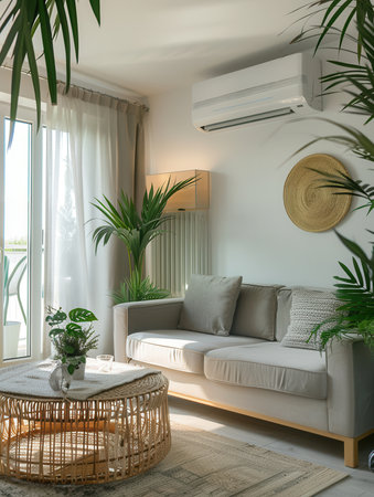 A contemporary living room showcases a comfortable sofa, decorative plants, and a stylish air conditioner, creating a relaxing indoor atmosphere.の素材