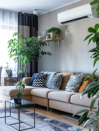 A contemporary living room featuring a cozy sofa, decorative pillows, and green plants, complemented by an air conditioner mounted on the wall.の素材