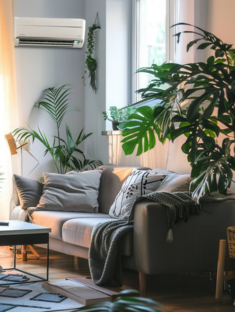 A contemporary living room features a cozy sofa, decorative plants, and a mounted air conditioner, bathed in warm afternoon sunlight.の素材