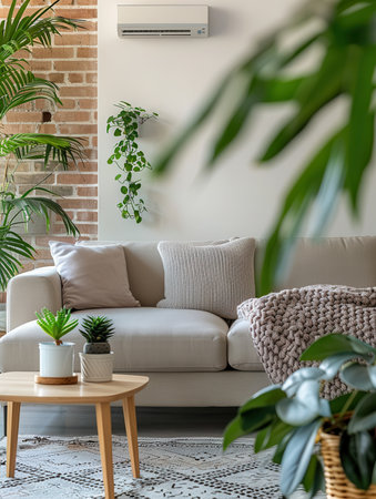 A chic living room featuring a comfortable sofa, decorative plants, and a mounted air conditioner, creating a refreshing and inviting atmosphere.の素材