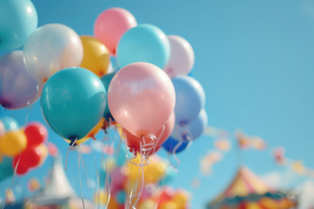 Colorful balloons float gently in the air, adding joy to a lively city festival bustling with activities and cheerful attendees.の素材