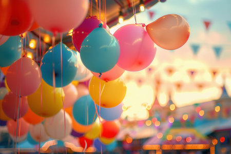 Colorful balloons drift above a bustling city festival, creating a festive atmosphere as sunset lights up the celebration, bringing joy to all attendees.の素材