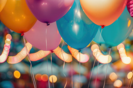 A joyful celebration unfolds as colorful balloons hang above the lively atmosphere of a bustling city festival filled with lights and excitement.の素材
