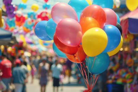 Colorful balloons float amidst bustling festival crowds, adding to the lively atmosphere of the city celebration filled with joy and excitement.の素材