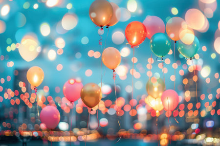 Balloons of various colors fill the air during a lively city festival, creating a joyful atmosphere as people celebrate together.の素材