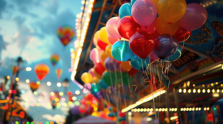 Brightly colored balloons fill the air above a lively city fair, illuminating the festivities as dusk sets in and lights twinkle around.の素材