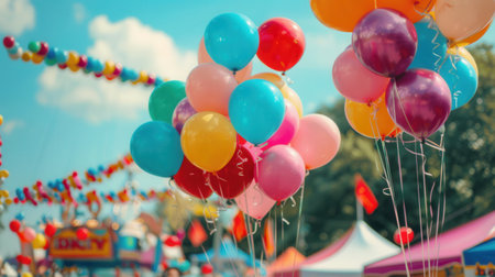 Bright balloons fill the air as families enjoy the lively activities and entertainment at a bustling city festival on a beautiful afternoon.の素材