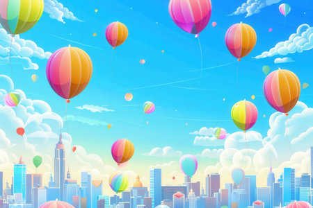Balloons float gracefully over a lively city festival, creating a joyful atmosphere amid tall buildings and a bright blue sky filled with clouds.の素材