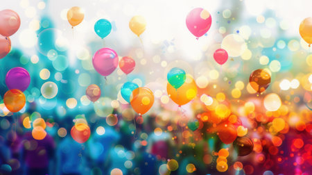 Balloons float above a lively city festival, creating a joyful atmosphere as visitors enjoy various activities and attractions.の素材