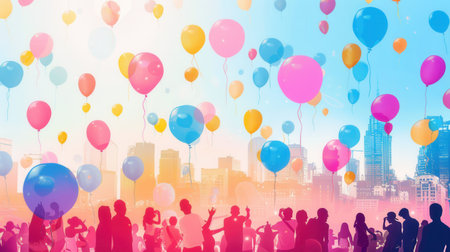 Joyful crowds gather at a lively city festival, surrounded by colorful balloons dancing in the breeze against a beautiful skyline.の素材