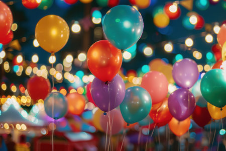 Colorful balloons brighten the night, surrounded by sparkling lights at a lively city festival, creating a joyful atmosphere for all attendees.の素材