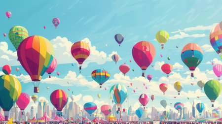 Colorful hot air balloons fill the sky above a lively city festival, creating a vibrant atmosphere with joyful crowds enjoying the celebration.の素材