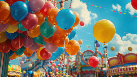 Colorful balloons create a festive atmosphere at a lively city fair filled with excitement and joy during a sunny day.の素材