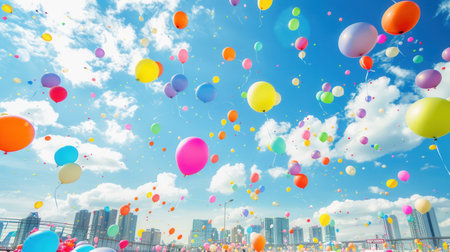 Bright balloons drift into the blue sky, creating a joyful atmosphere at a bustling city festival, surrounded by tall buildings and happy crowds.の素材