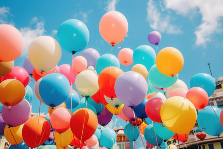 A multitude of colorful balloons fills the sky above a lively city festival, creating a festive atmosphere filled with joy and excitement.の素材
