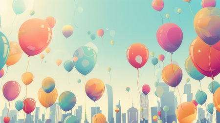 Brightly colored balloons float above a lively city festival, creating a joyful atmosphere as attendees enjoy the festive spirit and sunny weather.の素材
