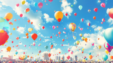 Balloons of various colors fill the air at a lively city festival, celebrating community spirit under a clear blue sky.の素材