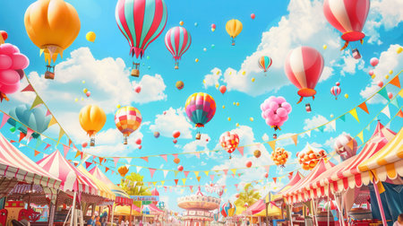 Brightly colored balloons hover above bustling festival stalls filled with joyful visitors enjoying the lively atmosphere and warm sunshine.の素材