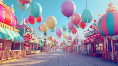 Colorful balloons float above a bustling city festival, creating a lively and joyful atmosphere as attendees enjoy various activities and attractions.の素材