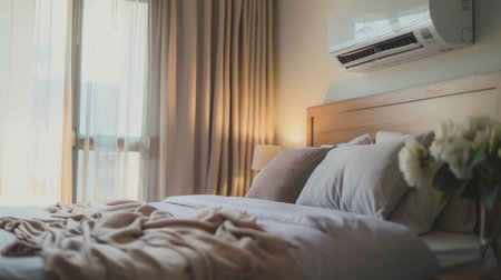 This modern living room exudes comfort with soft lighting, stylish decor, and an air conditioner, creating a cozy atmosphere for relaxation.の素材