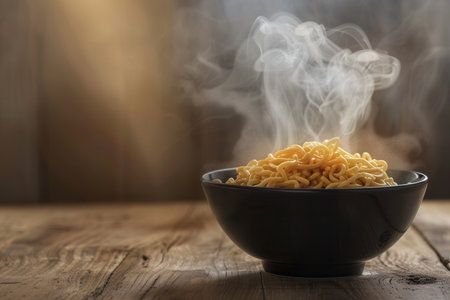A steaming bowl of instant noodles rests on a wooden table, inviting with its warm aroma and comforting appearance, perfect for a quick meal at any time.の素材