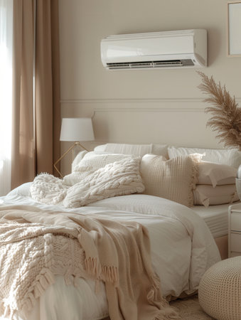 A stylish and inviting living room features a wall-mounted air conditioner, plush textiles, and warm, natural light enhancing its cozy atmosphere.の素材