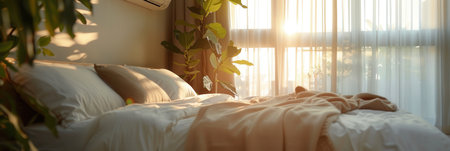 This stylish living room showcases a modern air conditioner with sunlight streaming through sheer curtains, creating an inviting and cozy ambiance.の素材