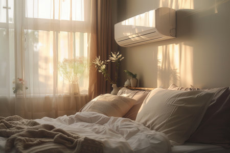A stylish living room featuring an air conditioner, elegant decor, and warm sunlight streaming through sheer curtains, creating a cozy atmosphere.の素材