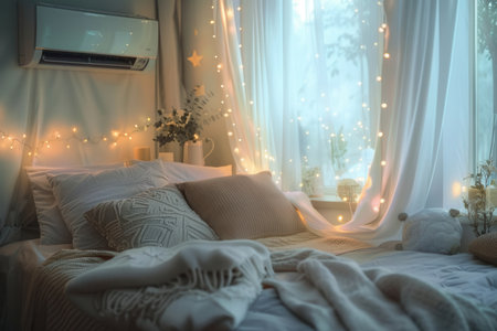 A beautifully designed living room features a mounted air conditioner, cozy blankets, and soft lighting creating a warm atmosphere perfect for relaxation.の素材