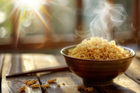 A bowl of steaming instant noodles sits on a wooden table, exuding warmth and inviting aromas in the cozy afternoon ambiance.の素材