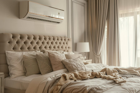 A modern living room showcases a stylish design with an air conditioner mounted on the wall, complemented by plush furnishings and natural light.の素材