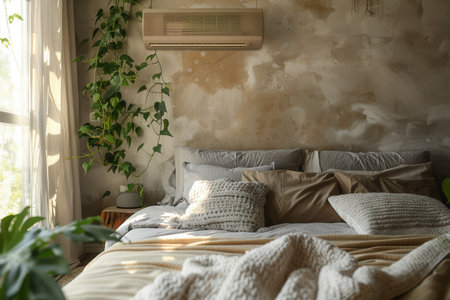 A modern living room showcases a cozy atmosphere with a comfortable bed, soft pillows, and natural elements from indoor plants.の素材