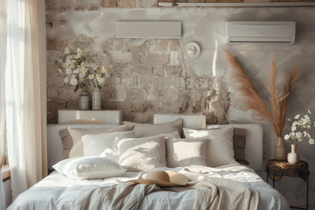 A stylish living room features an air conditioner on the wall, complemented by decorative elements and warm, inviting natural light filtering through the space.の素材