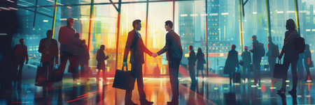 Two business people shake hands confidently in front of a modern office building as others work in the background during a bustling afternoon.の素材