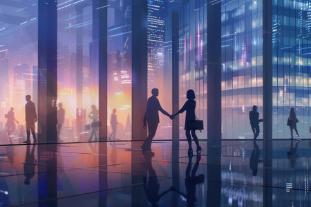 Two business people shake hands outdoors in front of a sleek office building as the sun sets, highlighting an atmosphere of collaboration and agreement.の素材