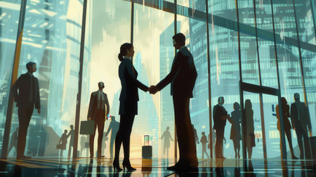 Two business professionals are engaged in a handshake in front of a contemporary office building during a corporate meeting at sunset.の素材