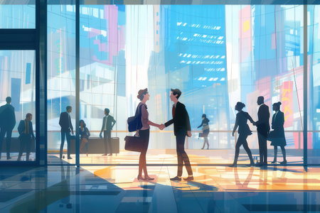 Two business individuals shake hands confidently in a sleek office lobby, surrounded by a bustling urban atmosphere.の素材