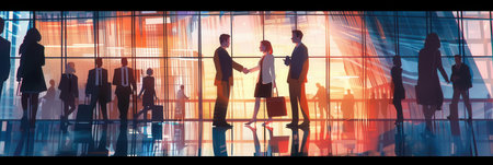 Two business people are engaged in a handshake outside a contemporary office building, symbolizing collaboration and partnership.の素材
