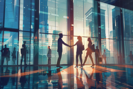 Two business professionals shake hands in front of a glass office building as the sun sets, symbolizing partnership and collaboration.の素材