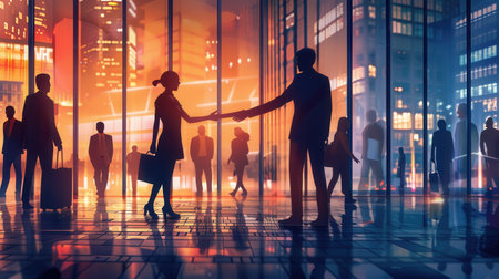 Two business people are engaging in a handshake outdoors, surrounded by towering office buildings and glowing city lights at dusk.の素材
