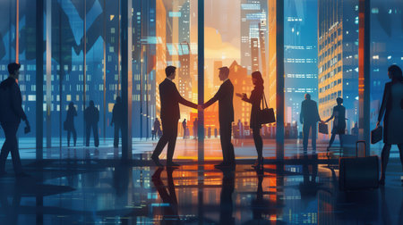Two business people are shaking hands in front of a sleek office building during the evening, surrounded by an active urban atmosphere.の素材