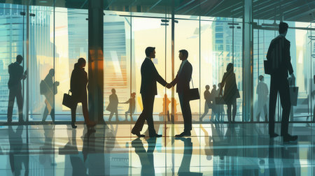 Two business people are engaged in a handshake, symbolizing partnership outside a contemporary office building.の素材