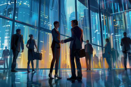 Two business people are shaking hands in front of a contemporary office building with vibrant city lights in the background.の素材