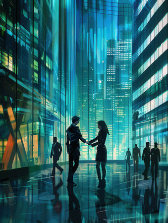 Two business people engage in a handshake outside a sleek office building, surrounded by a dynamic cityscape at dusk.の素材